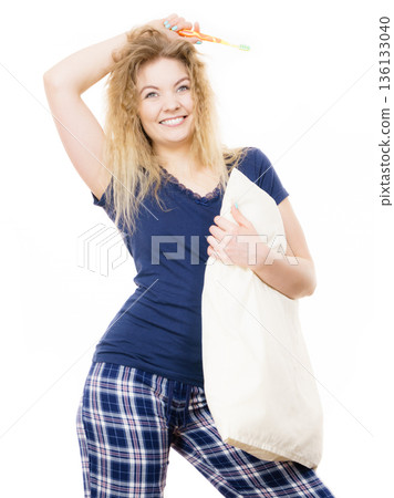 Happy cheerful woman wearing pajamas 136133040