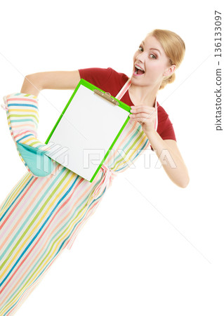 housewife holding clipboard with copy space for text. housewife holding clipboard with copy space for text. 136133097