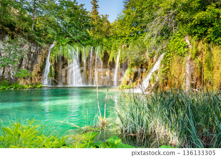 Beautiful waterfalls and lakes at Plitvice national nature park, Croatia. Fresh water stream in peaceful nature. Harmony and meditation, concept of peace and meditation in nature. 136133305