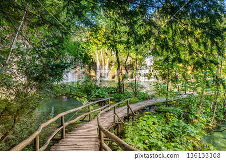 Wooden footpath at Plitvice national park, Croatia. Pathway in the forest near the lake and waterfall. Fresh beautiful nature, peaceful place. Famous tourist destination. Wooden footpath at Plitvice national park, Croatia. Pathway in the forest near the lake and waterfall. Fresh beautiful nature, peaceful place. Famous tourist destination. 136133308