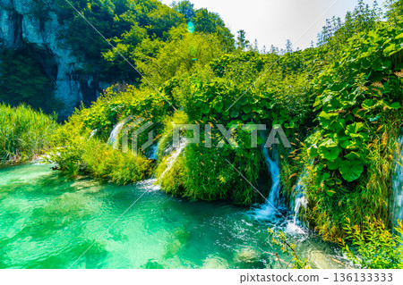View of waterfall at Plitvice lakes, Croatia. Panoramic view of fresh nature, blue water and green trees. View of waterfall at Plitvice lakes, Croatia. Panoramic view of fresh nature, blue water and green trees. 136133333