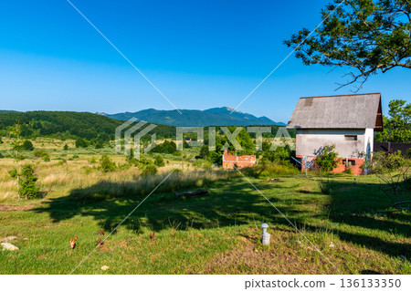 Panoramic view of mountain Gola Pljesevica peak. On the top is built abandoned military radar station and the Croatian communication tower. 136133350