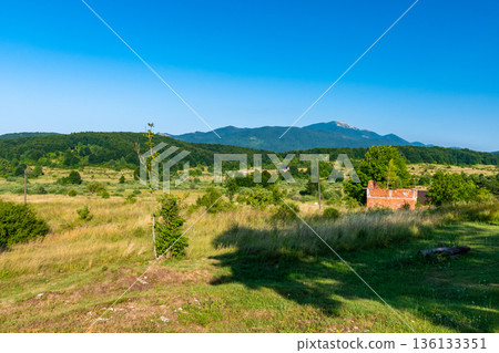 Panoramic view of mountain Gola Pljesevica peak. On the top is built abandoned military radar station and the Croatian communication tower. 136133351