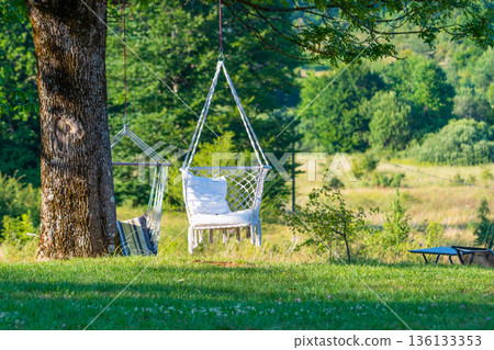 White chair is hanging on the tree. Concept of relaxation in the nature and garden. White chair is hanging on the tree. Concept of relaxation in the nature and garden. 136133353