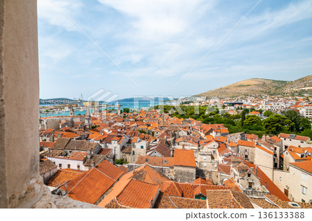 Aerial panoramic view of Trogir town, Croatia. Ancient building in old town, view to river and harbor. 136133388