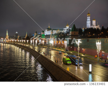 Moscow Kremlin and Moskva River at night, Ivan the Great Bell Tower illuminated Moscow Kremlin and Moskva River at night, Ivan the Great Bell Tower illuminated 136133401