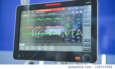 Ventilator screen displaying vital signs and medical data in hospital ICU 136133466