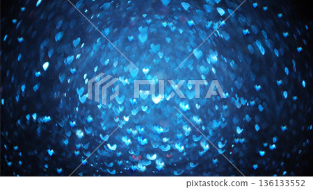 Greeting card for Valentine's Day or Women's Day. Blue hearts on abstract blurred black background with bokeh. Holiday background, overlay template in photo editor for design, 136133552