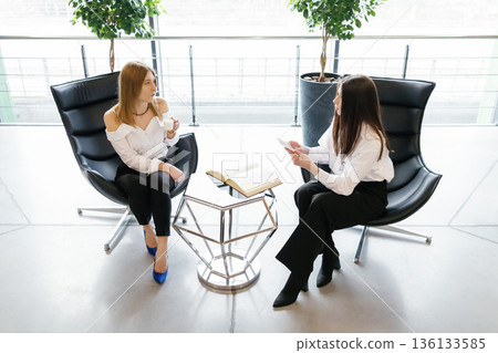 Professional businesswomen having meeting and discussing work Professional businesswomen having meeting and discussing work 136133585