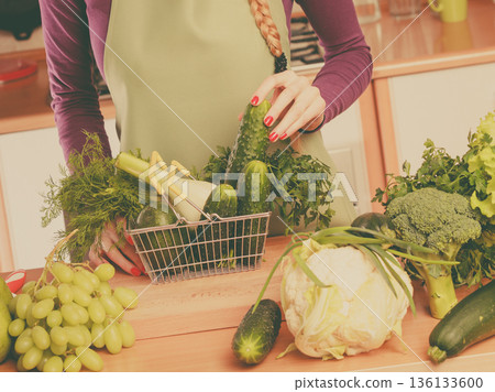 Woman having vegetables in shopping basket Woman having vegetables in shopping basket 136133600