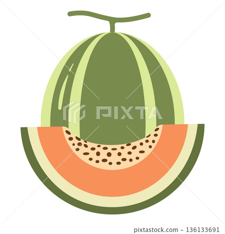 Whole Cantaloupe and Slice with Seeds, Flat Design Illustration Whole Cantaloupe and Slice with Seeds, Flat Design Illustration 136133691