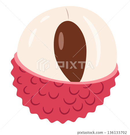 Halved Lychee Fruit Showing Flesh and Seed, Flat Design Illustration 136133702