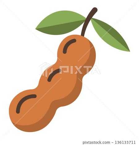 Flat design illustration of a ripe tamarind pod with green leaves on a white background 136133711