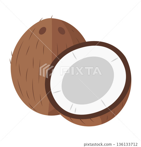 Whole and halved coconut with hairy brown shell and white flesh, flat vector illustration 136133712