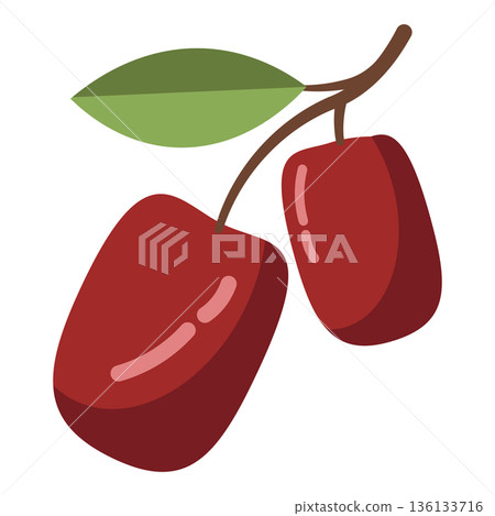 Two bright red cherries on a branch with a single green leaf, flat illustration on white 136133716