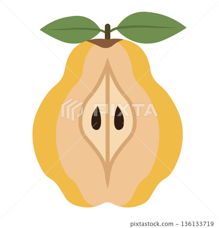 Half of a yellow pear showing seeds and core, with two green leaves on top, flat art Half of a yellow pear showing seeds and core, with two green leaves on top, flat art 136133719