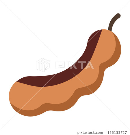 Single tamarind pod with curved shape and dark brown contrast, flat vector on white 136133727