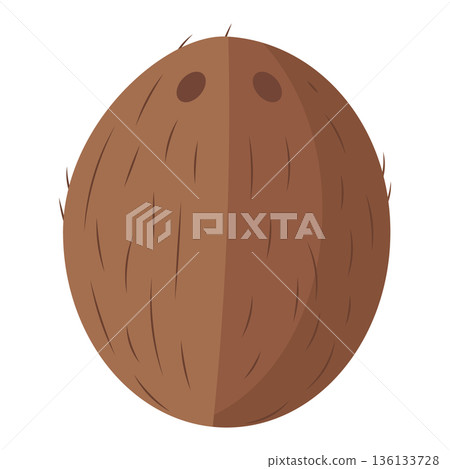 Whole brown coconut with textured shell and two characteristic eyes, flat vector illustration 136133728