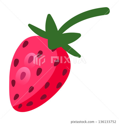 Single ripe red strawberry with green leaves and stem, simple flat illustration, isolated on white. Single ripe red strawberry with green leaves and stem, simple flat illustration, isolated on white. 136133752