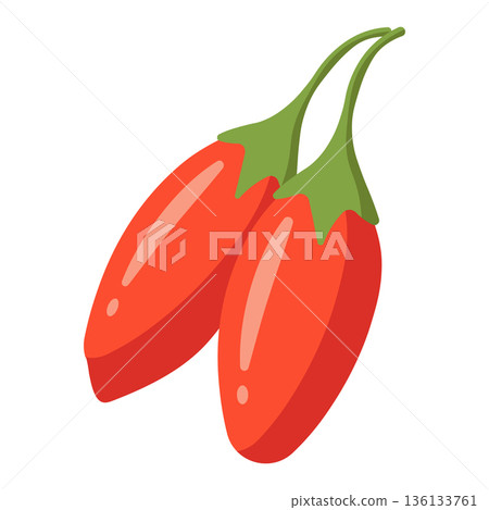 Two bright red goji berries with green leaves, simple flat illustration, isolated on white. 136133761