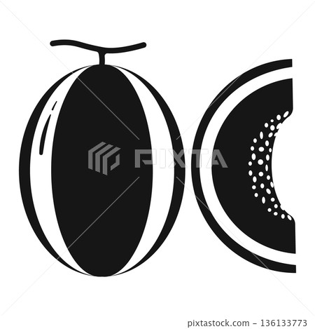 Black and white silhouette of a whole melon and a slice of cantaloupe. 136133773
