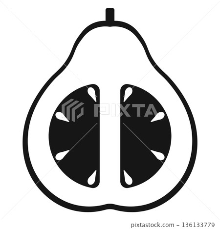 Black and white silhouette of a halved guava with seeds, isolated on a white background. Black and white silhouette of a halved guava with seeds, isolated on a white background. 136133779