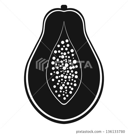 Black silhouette of a halved papaya with seeds, isolated on a white background. Black silhouette of a halved papaya with seeds, isolated on a white background. 136133780