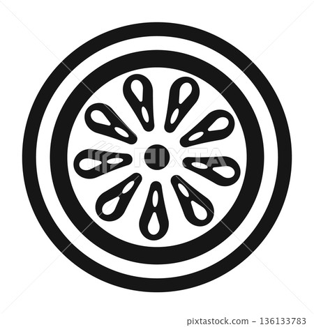 Black and white silhouette of a sliced orange or grapefruit, showing segments. Black and white silhouette of a sliced orange or grapefruit, showing segments. 136133783