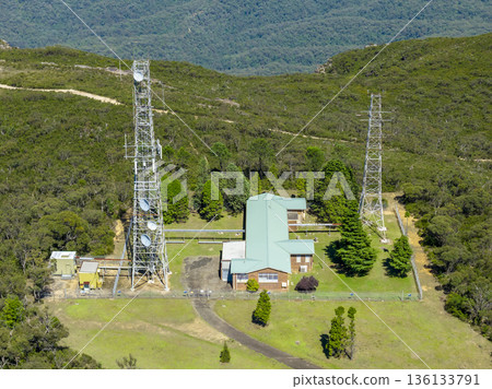 Drone photograph of a telecommunications tower facility 136133791