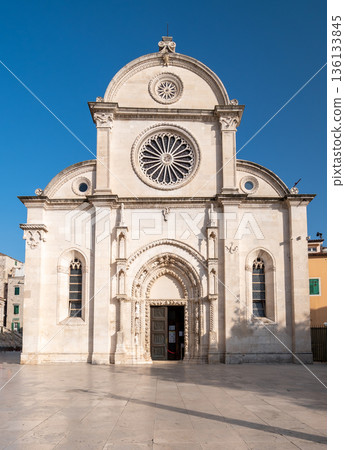 Cathedral of St James at center of city Sibenik, Croatia. UNESCO heritage. View to entrance. 136133845