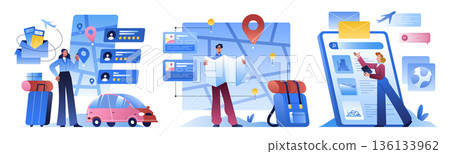 Travel itinerary with tourist characters, digital map and flight tickets 136133962