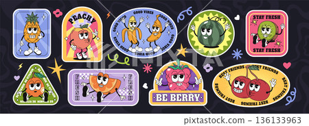 Cartoon groovy fruits stickers with expressive faces in retro style 136133963
