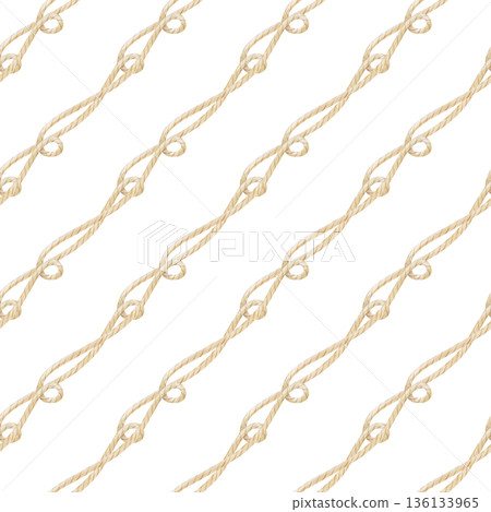 Diagonal seamless pattern of intertwined beige ropes with loops. Watercolor illustration of natural-colored twine on an isolated background. A realistic template for marine themes, fishing and hobbies Diagonal seamless pattern of intertwined beige ropes with loops. Watercolor illustration of natural-colored twine on an isolated background. A realistic template for marine themes, fishing and hobbies 136133965