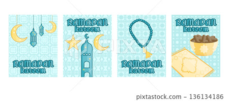 Ramadan Kareem greeting banners set with mosque silhouette, traditional lanterns, crescent moon, plate of dates for iftar, prayer rug and tasbih prayer beads 136134186