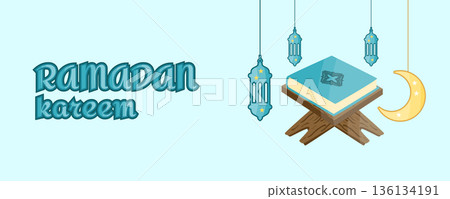 Ramadan Kareem horizontal greeting banner with traditional lanterns, crescent moons and holy Quran on wooden rehal, islamic illustration Ramadan Kareem horizontal greeting banner with traditional lanterns, crescent moons and holy Quran on wooden rehal, islamic illustration 136134191