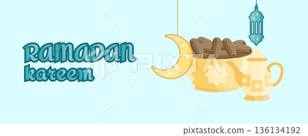 Ramadan Kareem horizontal greeting banner with lantern, crescent moon, dates for iftar and traditional water jug, islamic illustration Ramadan Kareem horizontal greeting banner with lantern, crescent moon, dates for iftar and traditional water jug, islamic illustration 136134192