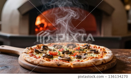WoodFired Pizza Emerging From Brick Oven With Steam And Glowing Embers, Hot Crust And Bubbling Cheese Captured On Peel, Dynamic Cooking Scene Highlighting Traditional Hearth Baking WoodFired Pizza Emerging From Brick Oven With Steam And Glowing Embers, Hot Crust And Bubbling Cheese Captured On Peel, Dynamic Cooking Scene Highlighting Traditional Hearth Baking 136134270