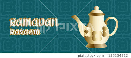 Ramadan Kareem greeting banner with golden jug and Islamic geometric pattern, traditional Muslim design Ramadan Kareem greeting banner with golden jug and Islamic geometric pattern, traditional Muslim design 136134312