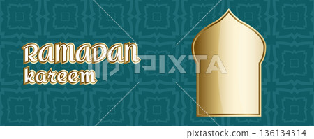 Ramadan Kareem greeting banner with golden mosque elements and Islamic geometric pattern, luxury Muslim holiday background 136134314