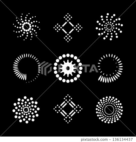 Circle and Spiral Dots Design Elements on Black Background. Circle and Spiral Dots Design Elements on Black Background. 136134437