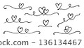 Heart line love set. Heart line outline swirl ribbon calligraphy hand drawn element design wedding graphic..Romantic doodle brush flourish elegant border for love anniversary. Vector 136134467