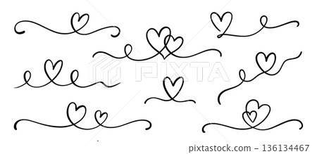 Heart line love set. Heart line outline swirl ribbon calligraphy hand drawn element design wedding graphic..Romantic doodle brush flourish elegant border for love anniversary. Vector 136134467