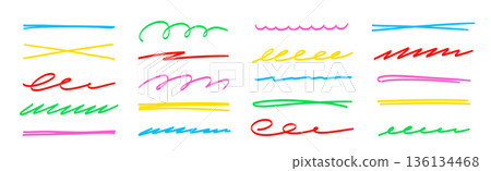 Line color brush underline set. Line underline brush hand drawn pen marker strokeswoosh, squiggle shape..Doodle scribble wavy wave highlight handwriting ink shape background. Vector 136134468