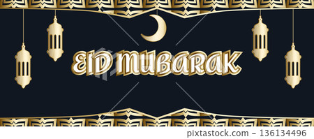 Eid Mubarak golden horizontal greeting banner with islamic pattern, crescent moon and traditional lanterns, minimal festive design Eid Mubarak golden horizontal greeting banner with islamic pattern, crescent moon and traditional lanterns, minimal festive design 136134496
