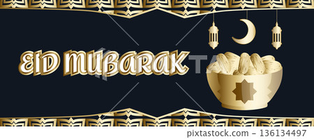 Eid Mubarak golden horizontal greeting banner with islamic pattern, plate of dates for iftar, crescent moon and traditional lanterns Eid Mubarak golden horizontal greeting banner with islamic pattern, plate of dates for iftar, crescent moon and traditional lanterns 136134497