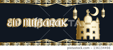Eid Mubarak golden horizontal festive banner with islamic pattern, elegant mosque silhouette, crescent moon and glowing lanterns Eid Mubarak golden horizontal festive banner with islamic pattern, elegant mosque silhouette, crescent moon and glowing lanterns 136134498