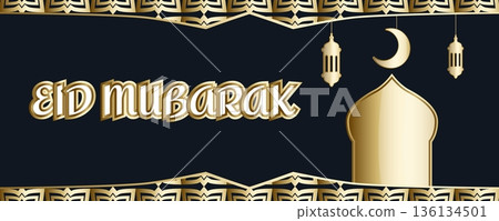 Eid Mubarak golden horizontal greeting banner with islamic pattern, mosque silhouette, crescent moon and traditional lanterns 136134501