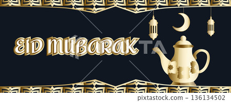 Eid Mubarak golden horizontal greeting banner with islamic pattern, traditional arabic jug, crescent moon and lanterns 136134502