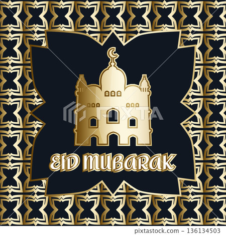 Eid Mubarak golden greeting banner with islamic pattern and mosque silhouette, elegant islamic architecture, festive design Eid Mubarak golden greeting banner with islamic pattern and mosque silhouette, elegant islamic architecture, festive design 136134503