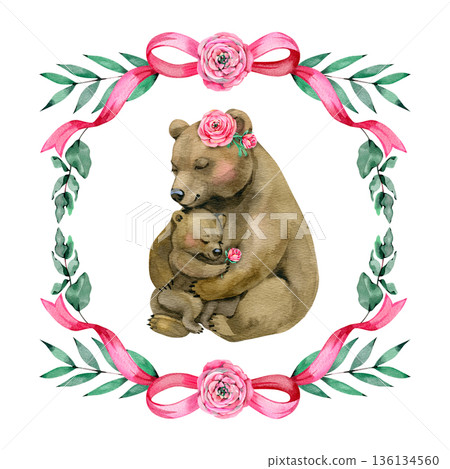 Adorable watercolor painting of a mother bear embracing her cub, both adorned with small pink flowers. The central image is framed by a square wreath of greenery, roses, and pink ribbons. 136134560